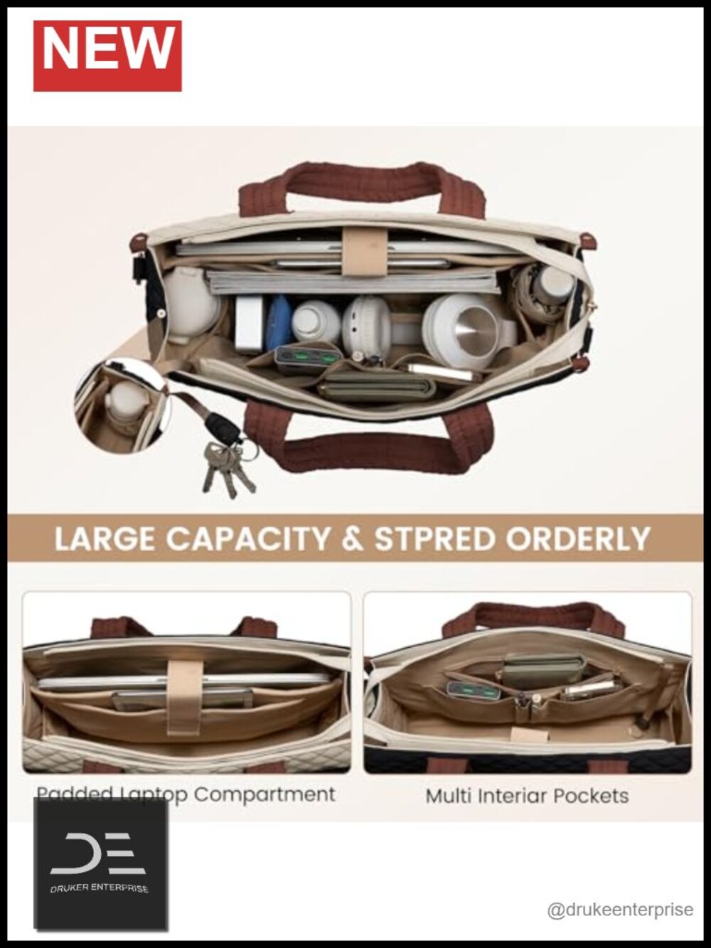 Professional Quilted Laptop Tote Bag with 12 Pockets and Padded Handle